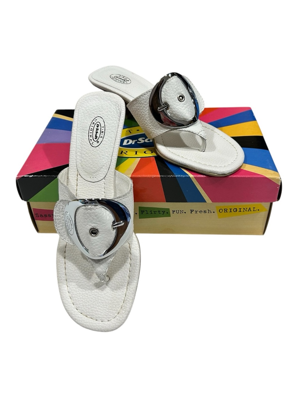 Vintage Dr. Scholl’s Zodiac White Leather Buckle Slide Sandals Y2K Mod Retro 8.5